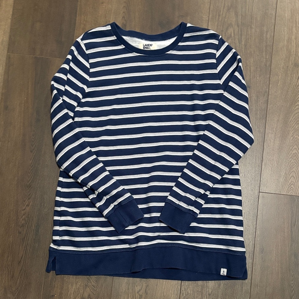 Lands' End Women’s Blue and White Striped Crewneck Sweater